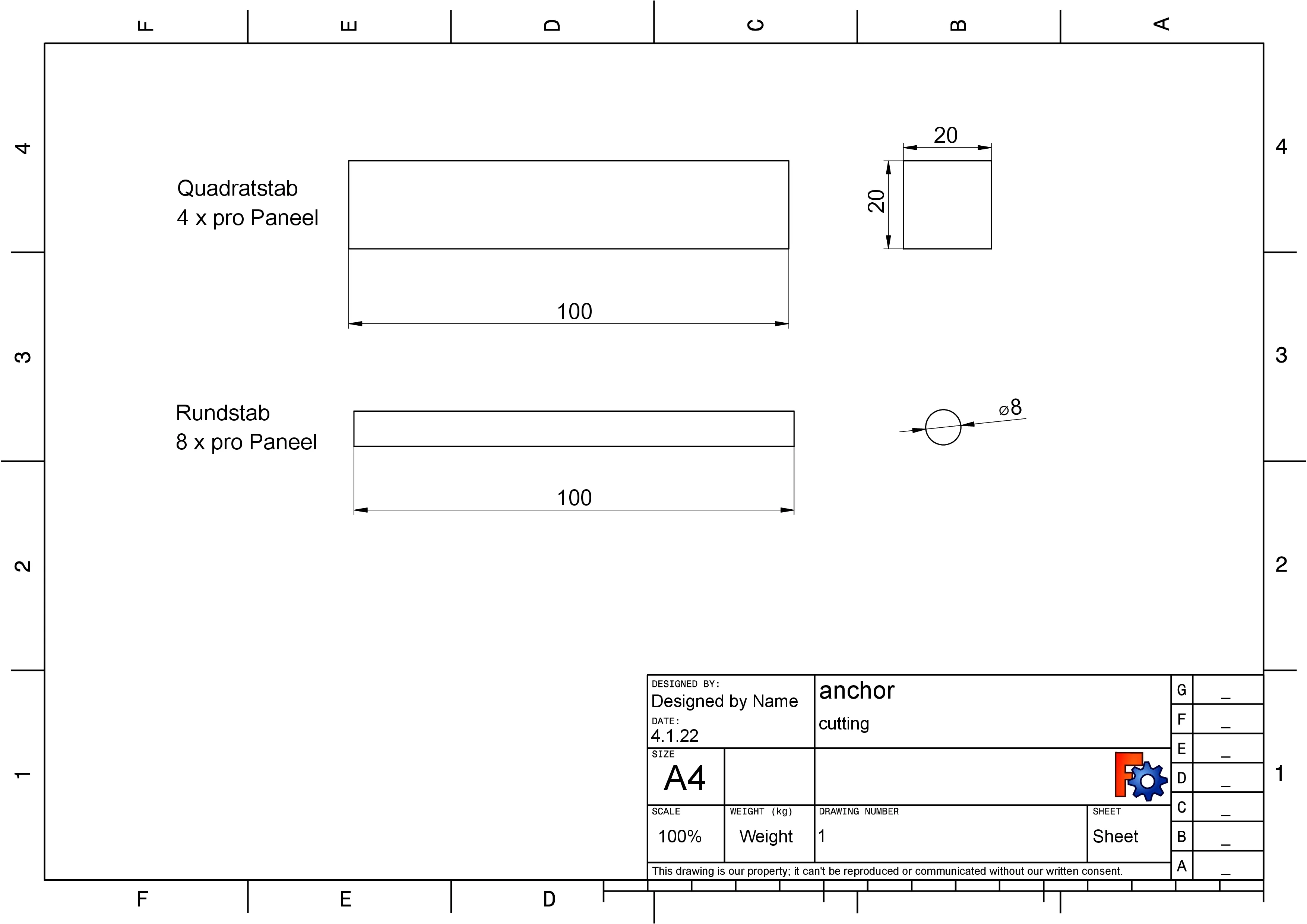 Technische Zeichnung Sägen der Quadratleiste und des Rundstabs