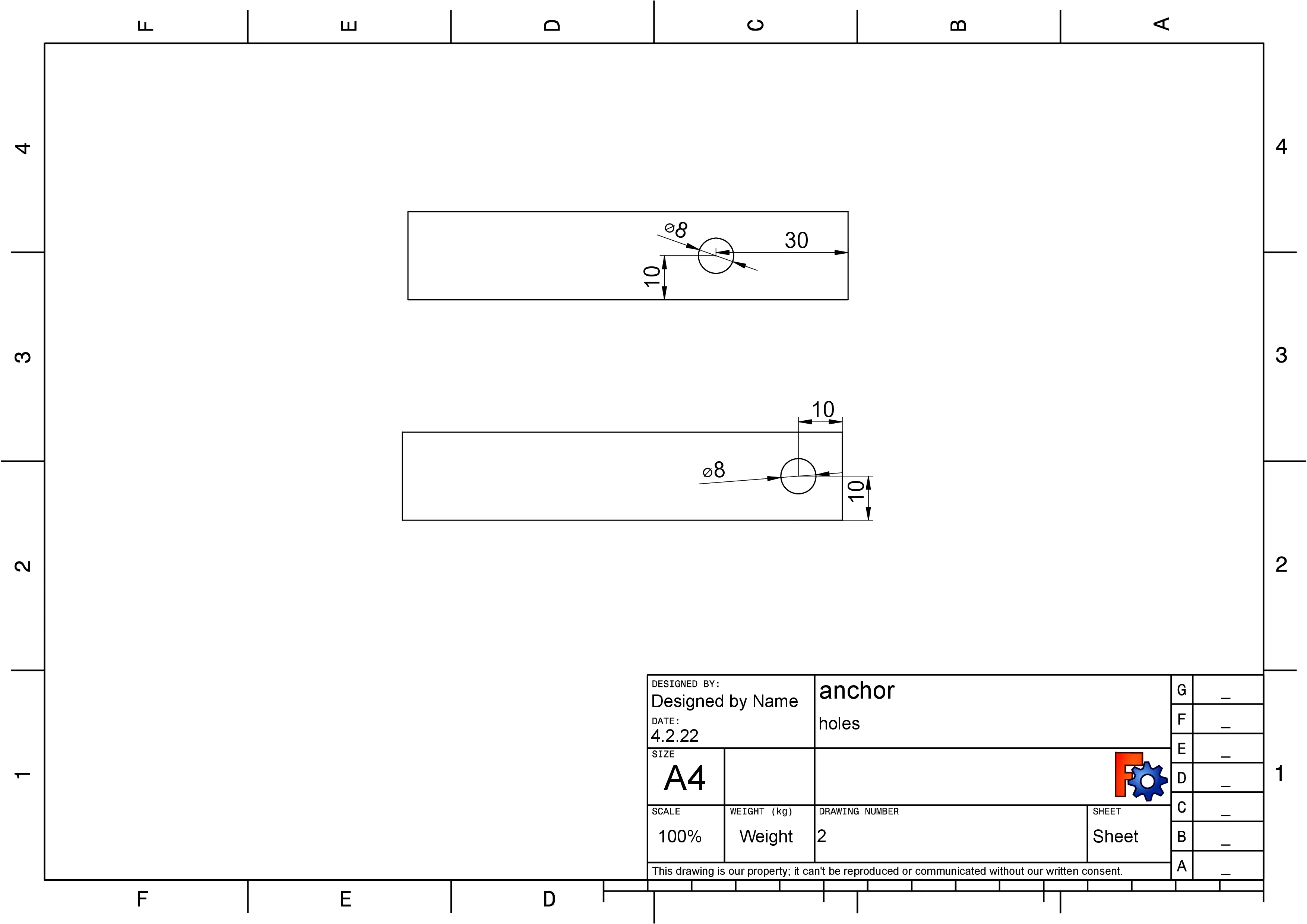 Technische Zeichnung Bohrungen der Quadratleiste